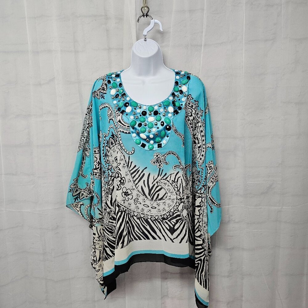 Soft Surroundings Blouse Blue Black Beaded Zebra Paisley Peasant Boho OSFA